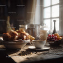 Fresh Croissants and Fruit Bowl on Rustic Morning Table with Coffee