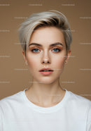 Elegant Female Portrait with Blonde Hair and Blue Eyes