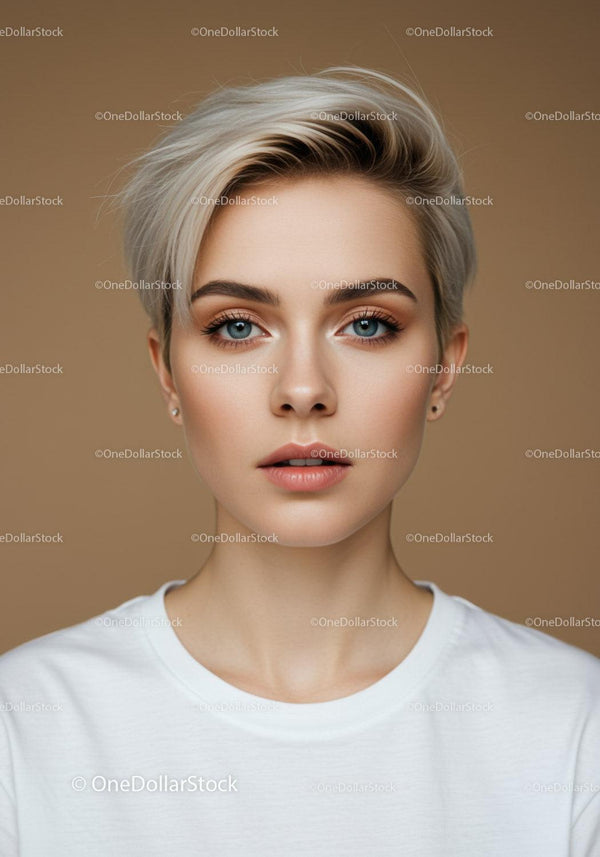Elegancki Portret Kobiety z Blond Włosami i Niebieskimi Oczami