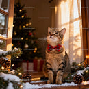 Tabby Cat Wearing Red Bow Tie by Snowy Window