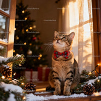 Tabby Cat Wearing Red Bow Tie by Snowy Window