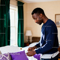 Man folding laundry in a cozy sunlit bedroom