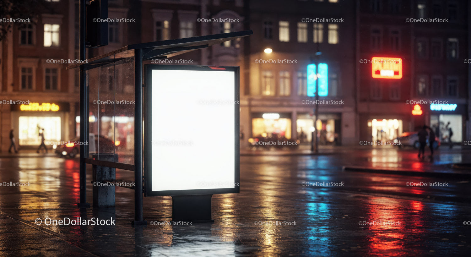 Night City Scene with Illuminated Billboard and Reflections
