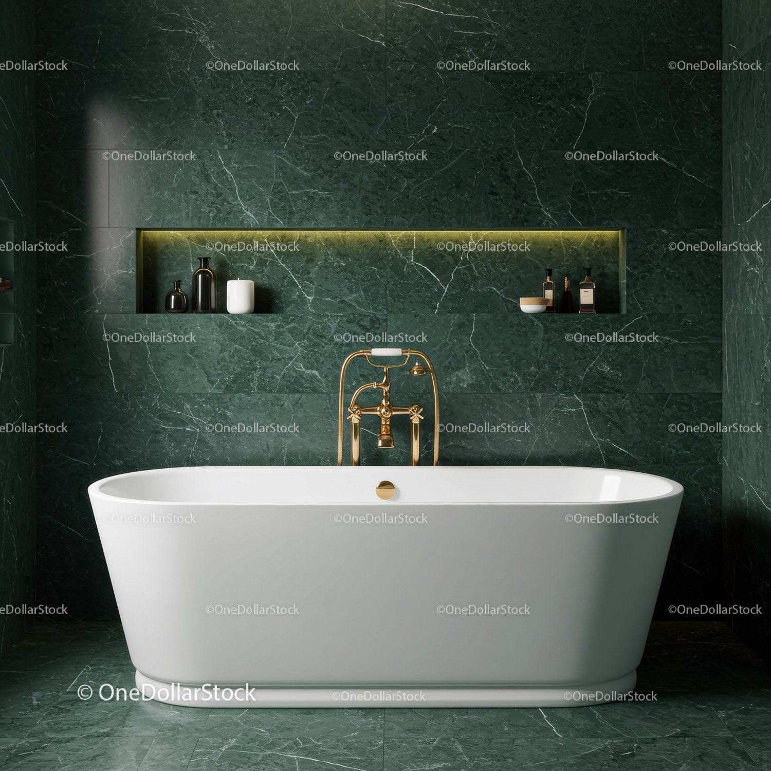 Luxurious Green Marble Bathroom with Freestanding White Bathtub and Gold Fixtures