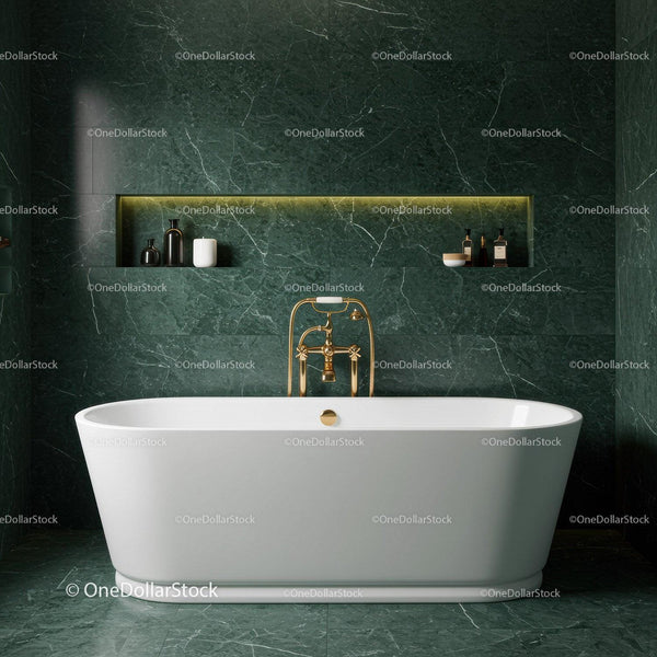 Luxurious Green Marble Bathroom with Freestanding White Bathtub and Gold Fixtures