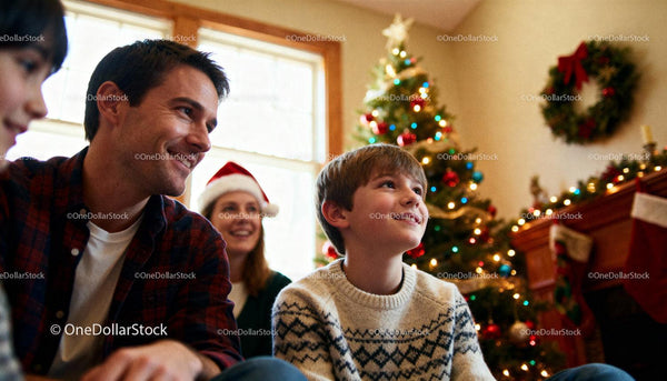 Family enjoying cozy Christmas time by decorated tree