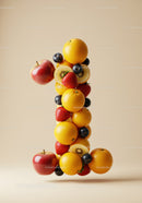 Fresh fruits arranged in number one shape on beige background