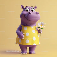 Cute Cartoon Hippo Holding Sunflower in Yellow Dress for Kids Illustration