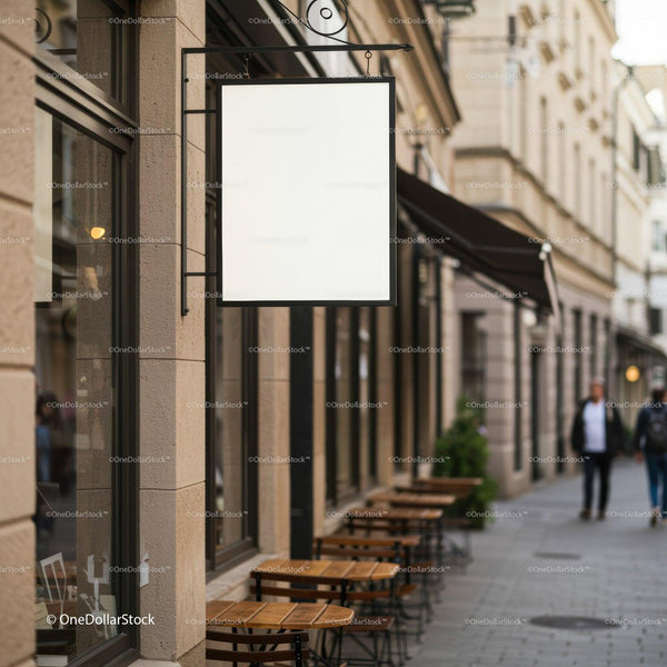 Blank shop sign above empty outdoor cafe tables on street JPG Mockup Image