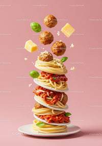 Stacked spaghetti with meatballs and fresh basil