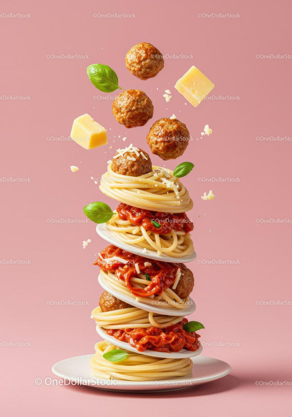 Stacked spaghetti with meatballs and fresh basil
