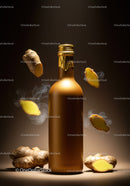 Golden bottle surrounded by fresh ginger slices and roots