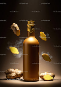 Golden bottle surrounded by fresh ginger slices and roots