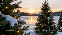 Decorated Christmas Trees with Snow by Frozen Lake Sunset