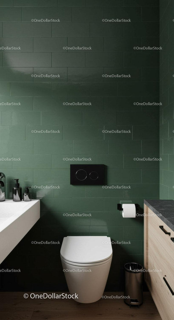 Modern Green Tiled Bathroom with Minimalist Fixtures and Decor