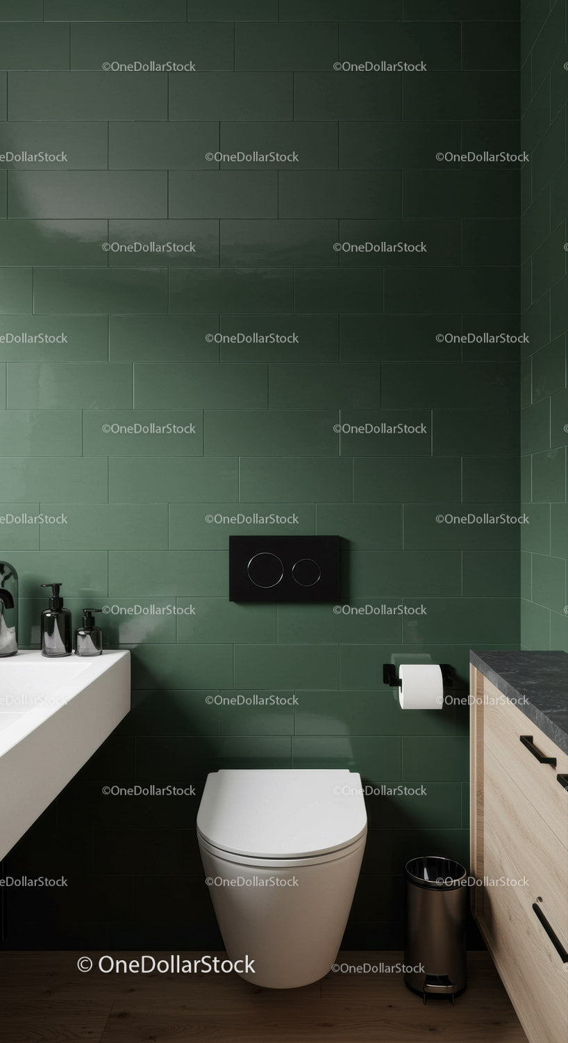 Modern Green Tiled Bathroom with Minimalist Fixtures and Decor
