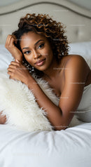 Relaxed woman lying on bed with soft pillow