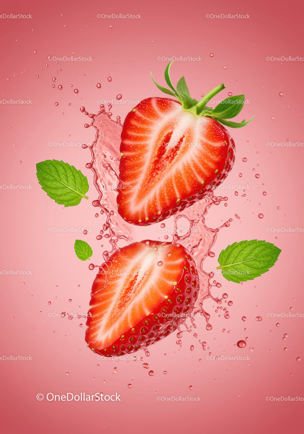 Fresh strawberry halves with mint leaves and water splash