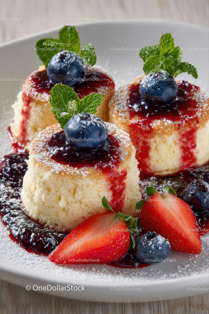 Cheesecake with Blueberries Strawberries and Mint Garnish