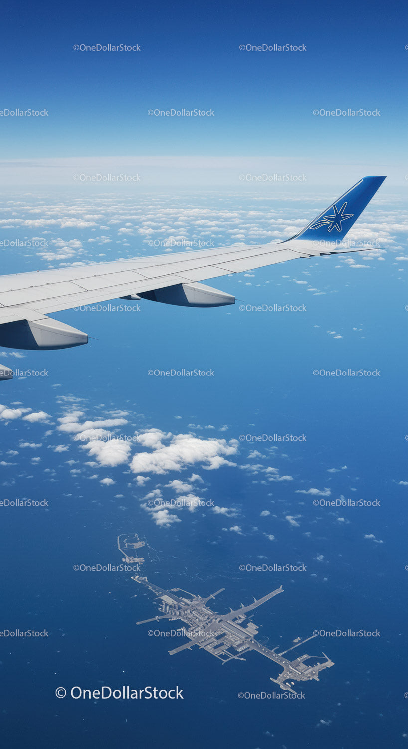 Aerial View of Airplane Wing Over Cloudscape at High Altitude