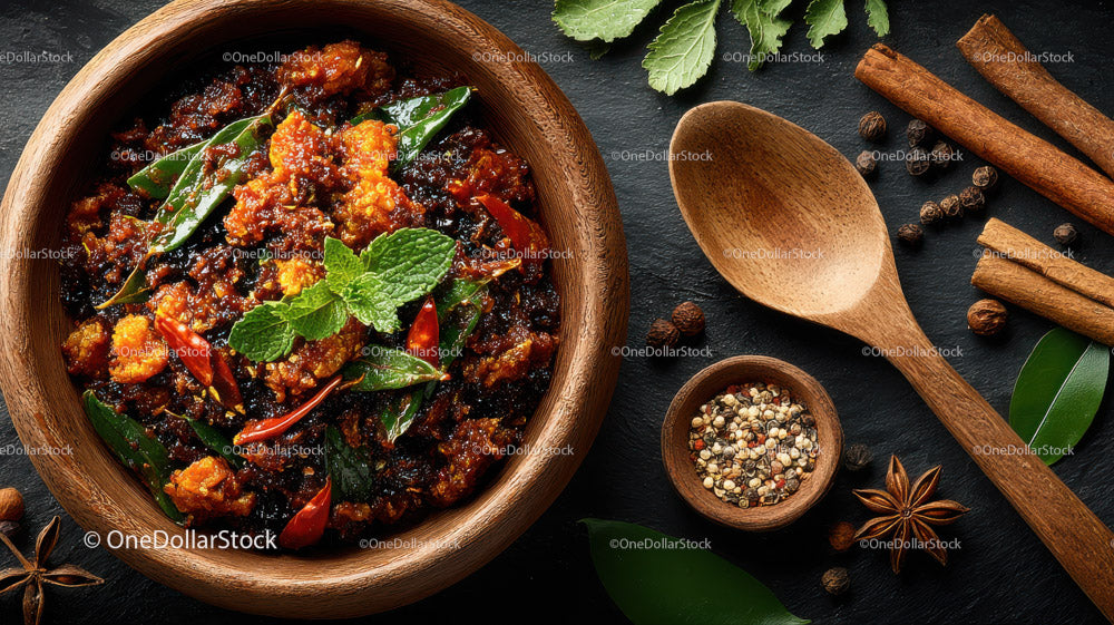 Spicy Asian Beef Stew with Rice and Fresh Herbs in a Black Stone Bowl