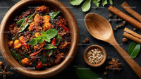 Spicy Asian Beef Stew with Rice and Fresh Herbs in a Black Stone Bowl