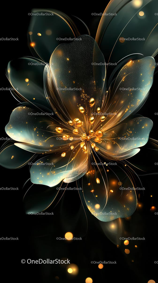 Futuristic Abstract Digital Flower with Golden Particles