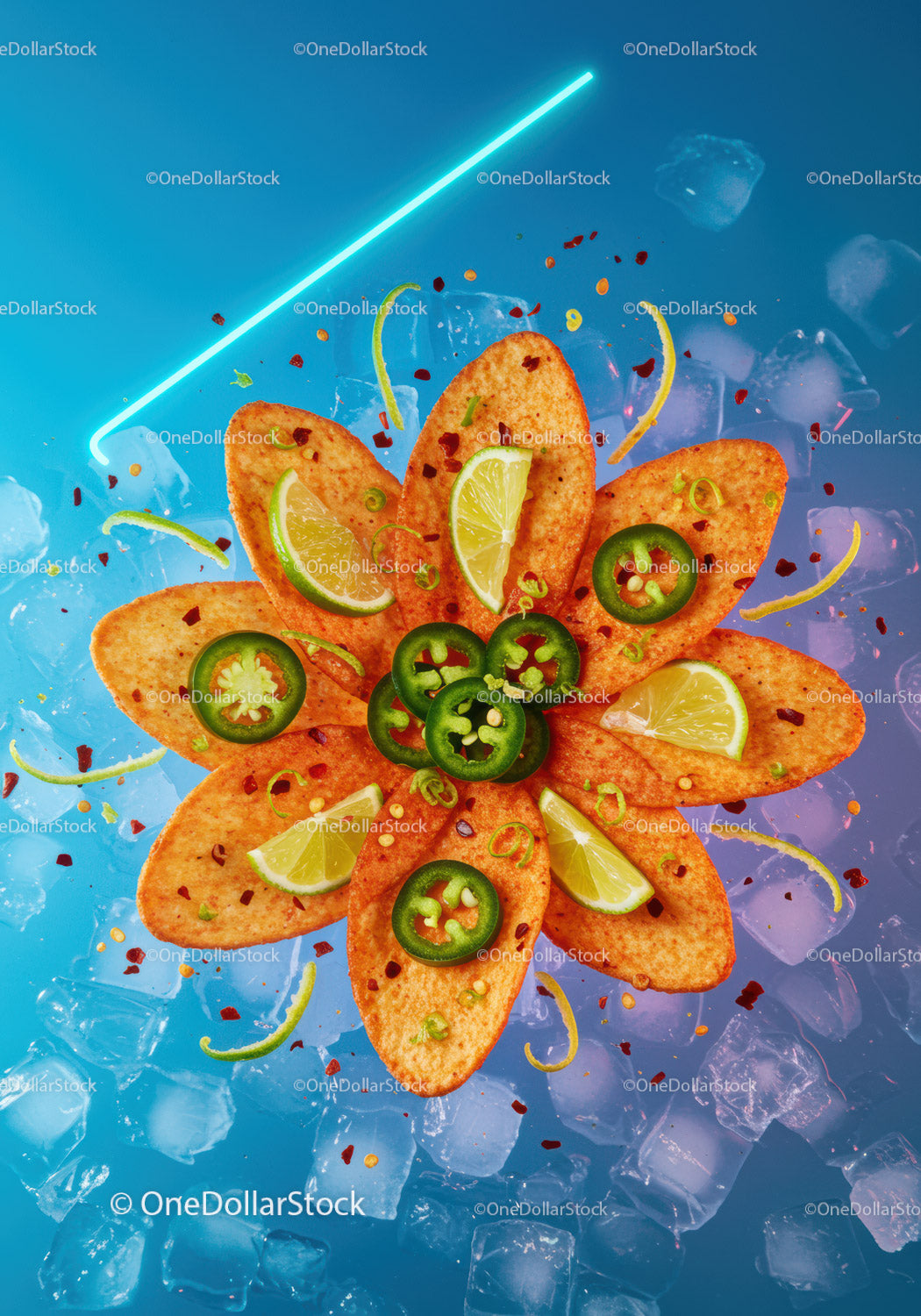 Spicy nachos with jalapenos and lime slices on ice