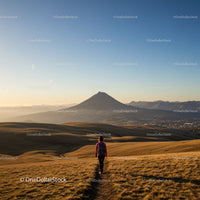 Scenic Mountain Landscape with Hiker Walking Through Golden Grass