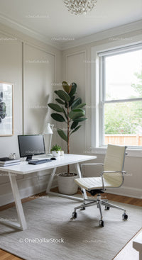 Modern Home Office with White Desk and Large Green Rubber Plant