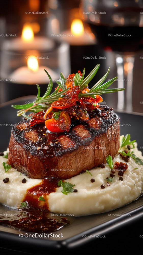 Gourmet Steak with Mashed Potatoes and Fresh Herb Garnish