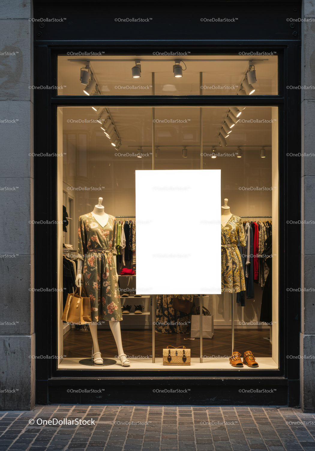 Elegant boutique window with floral dresses and accessories