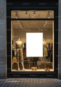 Elegant boutique window with floral dresses and accessories