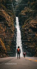 Hikers Exploring a Tall Waterfall in Lush Forest Landscape