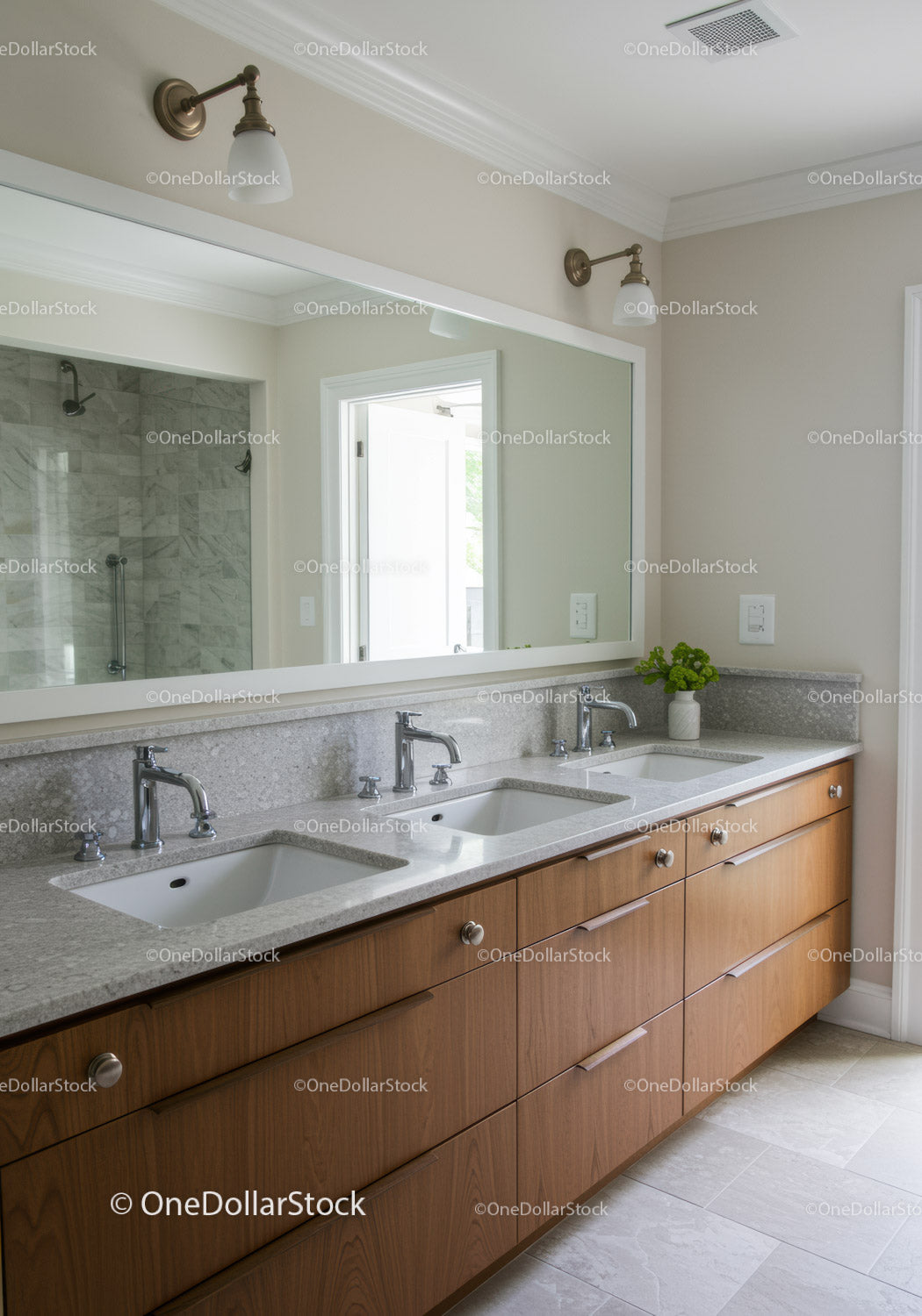 Modern Bathroom Vanity with Dual Sinks and Wooden Cabinets
