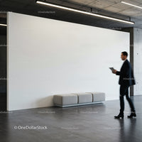 Blurred businessman walking past modern empty waiting area