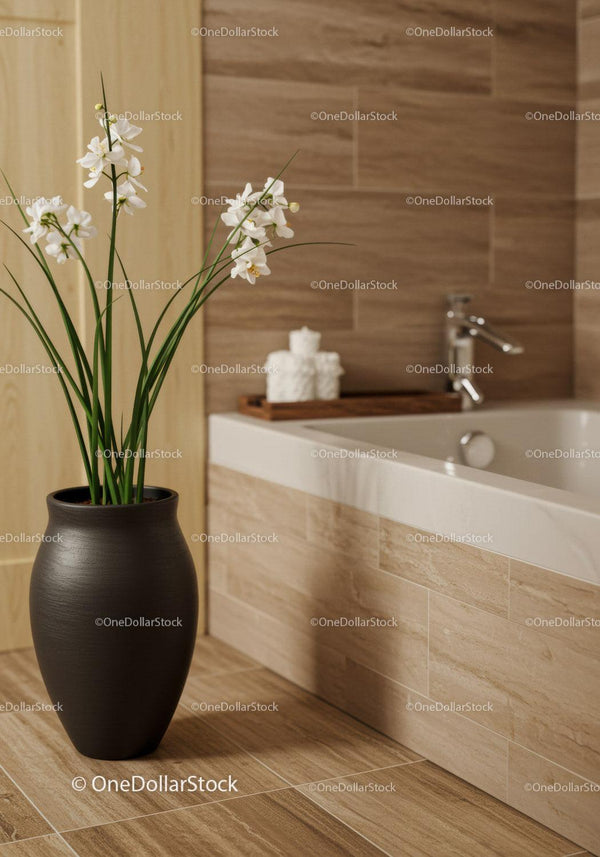 Elegancka nowoczesna łazienka z białą orchideą i drewnianymi akcentami