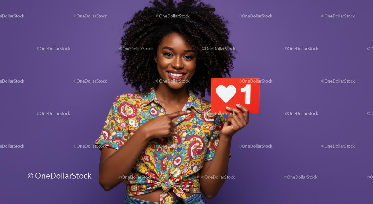 Bright Smiling Woman Holding Red Social Media Like Icon in Colorful Outfit