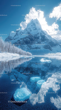 Snowy Mountain Peak Reflected in Icy Lake Under Blue Sky