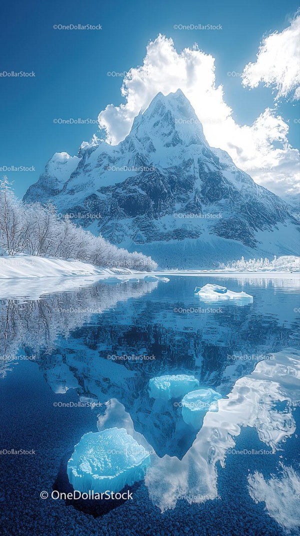 Snowy Mountain Peak Reflected in Icy Lake Under Blue Sky