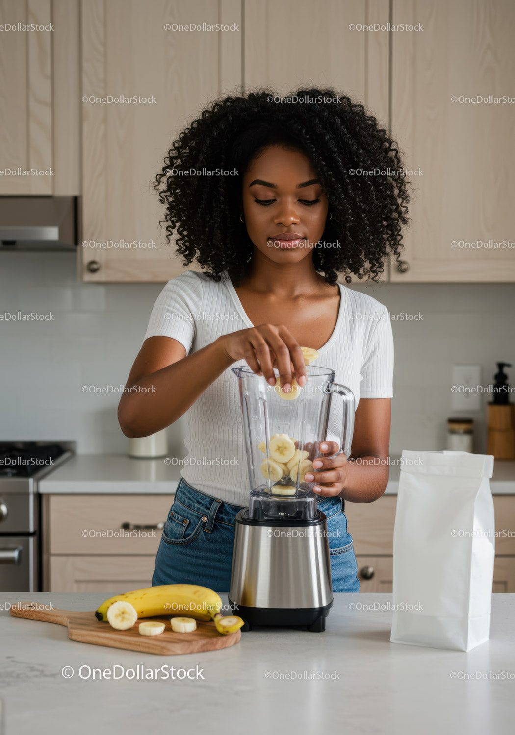 Young Woman Preparing Banana Smoothie in Modern Kitchen