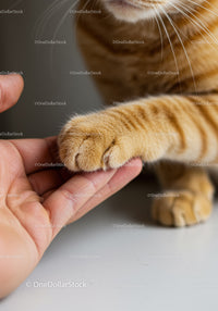 Ginger cat paw touching gentle human fingers