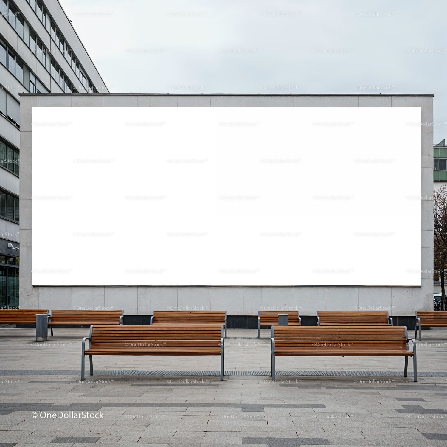 Urban plaza with multiple wooden benches and blank billboard