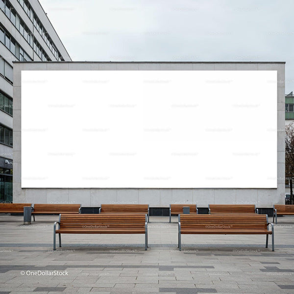 Urban plaza with multiple wooden benches and blank billboard JPG Mockup Image