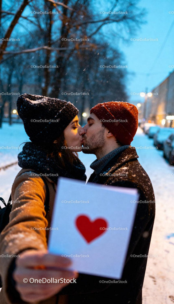 Couple sharing a kiss during snowy winter evening