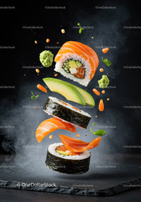 Deconstructed sushi rolls with fresh salmon and avocado