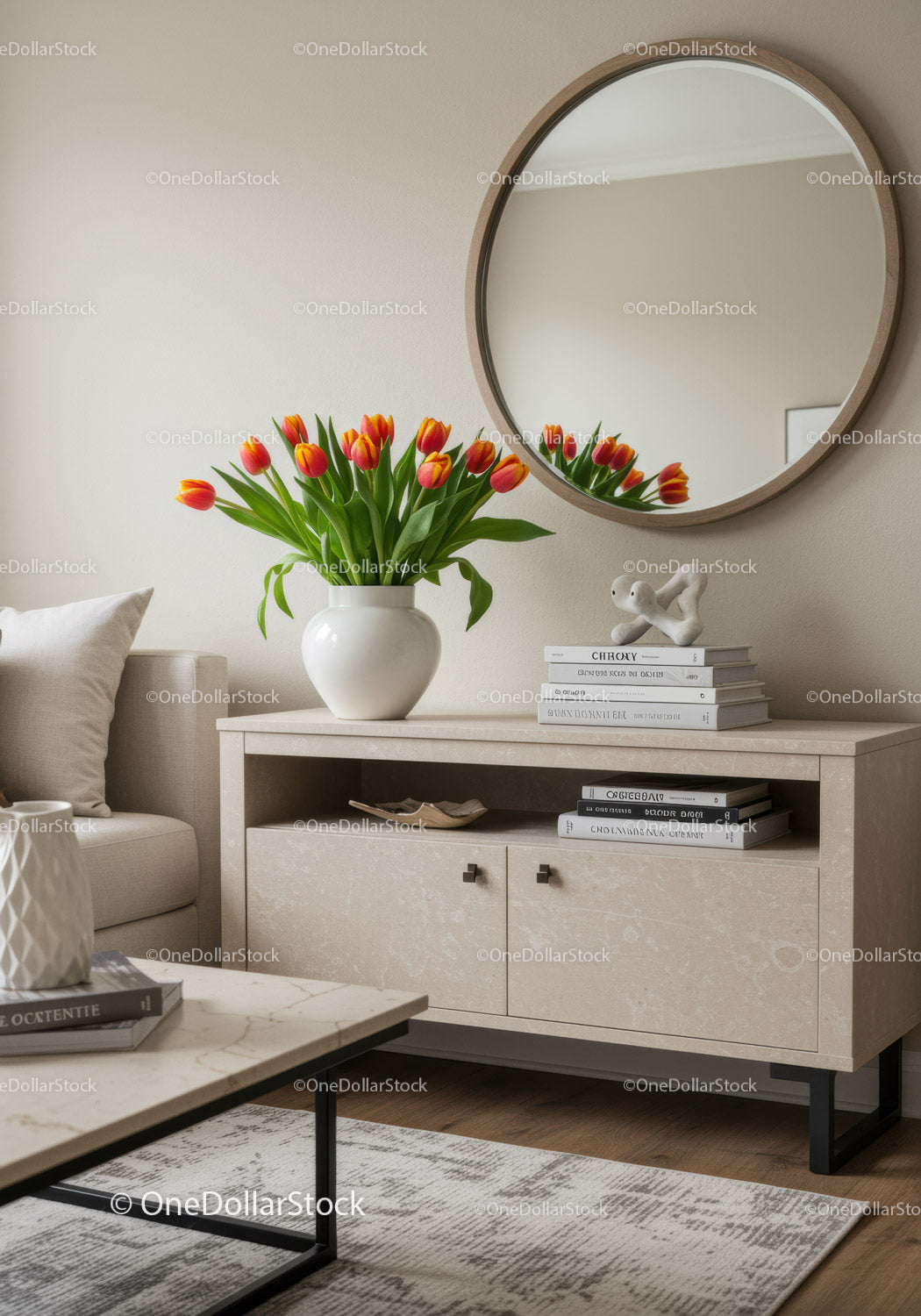 Elegant Living Room with Bright Tulip Flower Arrangement and Modern Decor