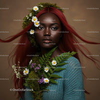 Elegant Portrait of a Woman with Flowing Red Hair and Botanical Accessories