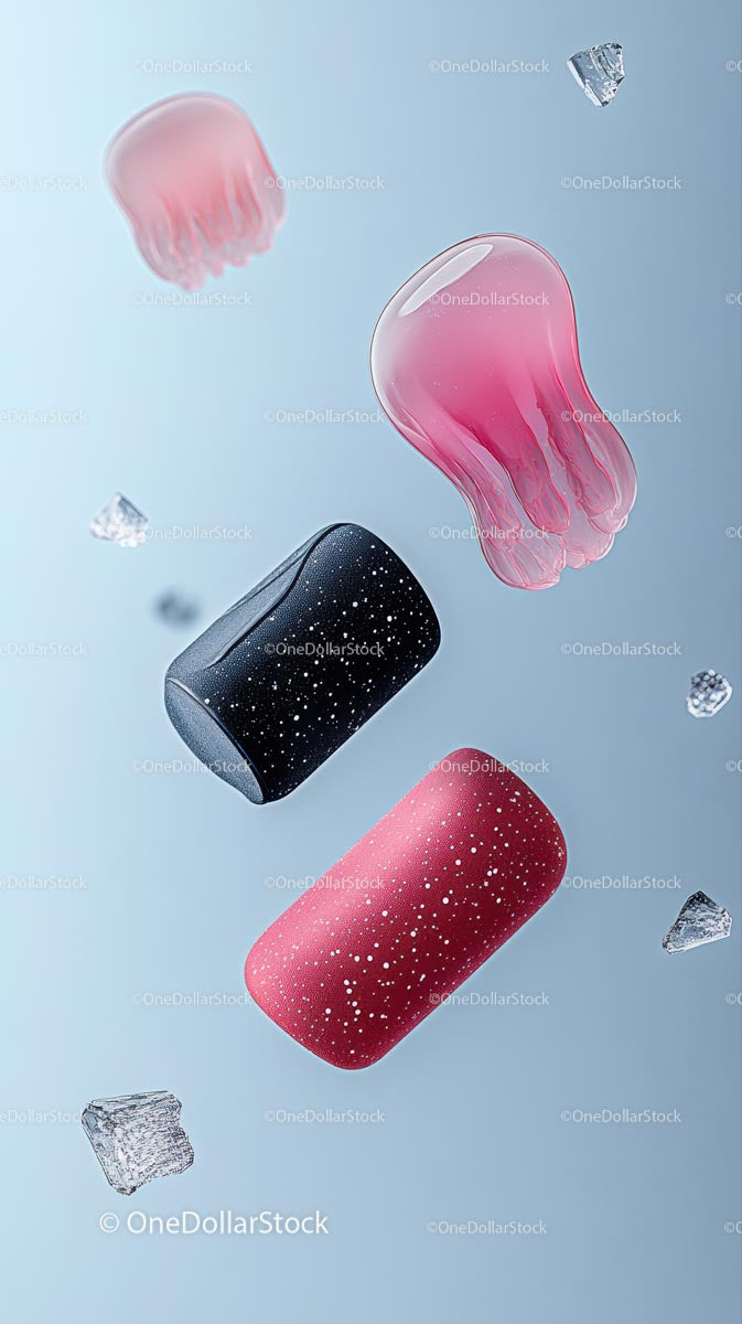 Colorful Detergent Capsules Floating Against Bright Blue Background