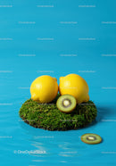 Fresh lemons and kiwi on vibrant moss floating in blue